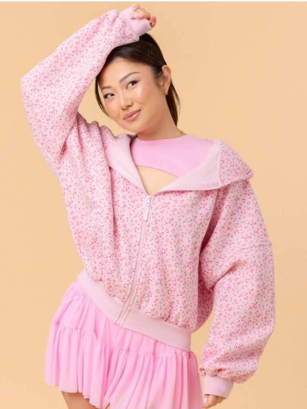 NWT Blogilates  Marshmallow Full Zip Hooded Sweatshirt Pink Floral Print